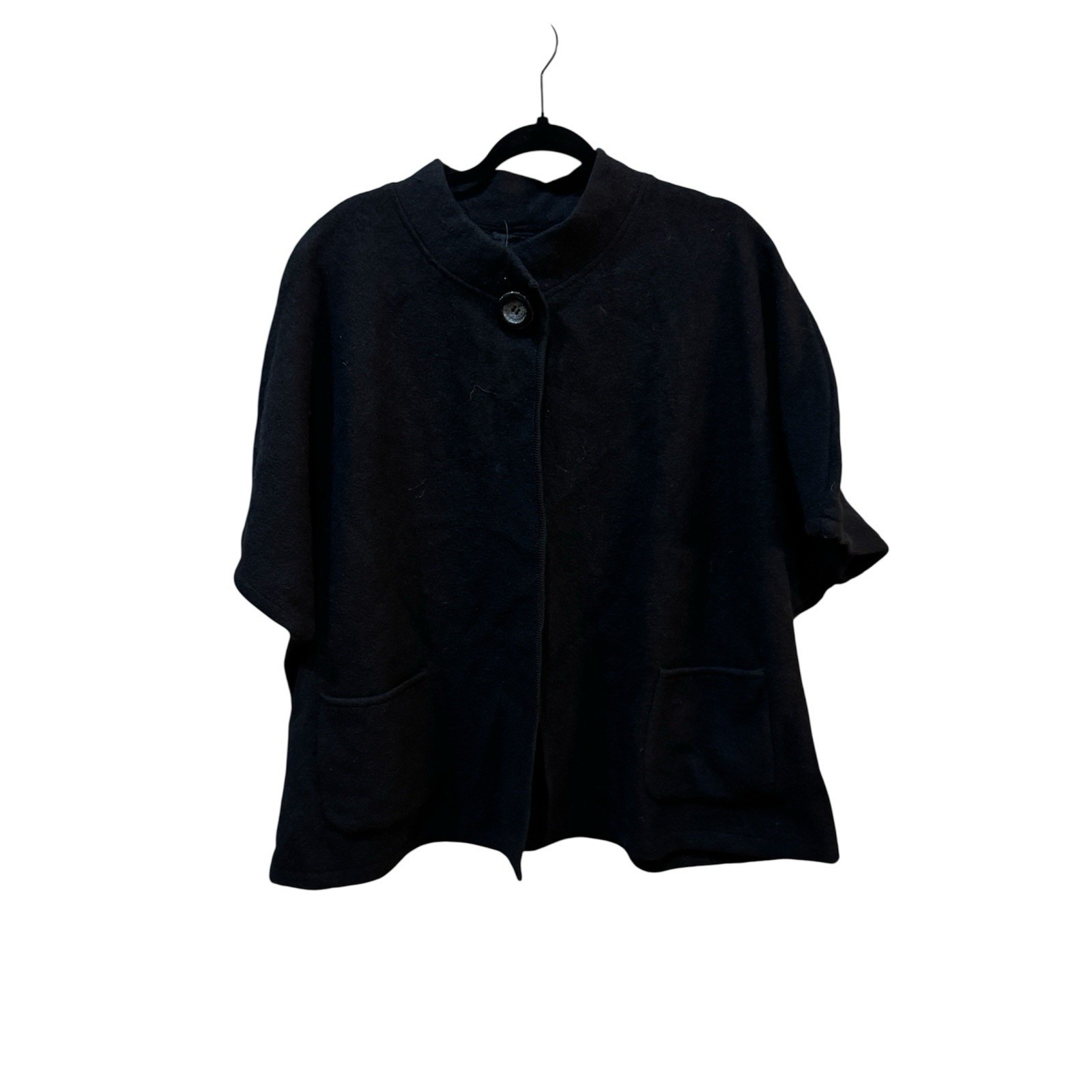 Vintage Tally Ho 100% Wool Sweater Black Open Front Short Sleeve Jacket Artsy